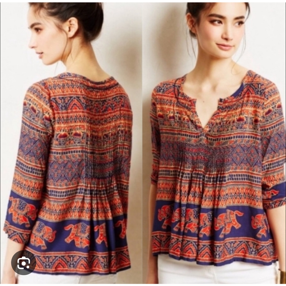 Anthropologie Vanessa Virginia Boho Elephant Peasant Top